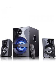 F&D F380X 2.1 Multimedia Speakers, 54W RMS (13Wx2+28W), 2x3'' Satellites + 5.25'' Subwoofer, BT 5.0-NFC-AUX-USB-FM-SD card reader-Multi-color LED-LED Display-Remote Control-Wooden-Black