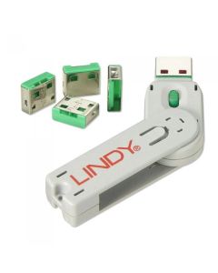 LINDY LNY-40451 :: Система за заключване на USB портове, 1 ключ, 4 порт блокера, зелен