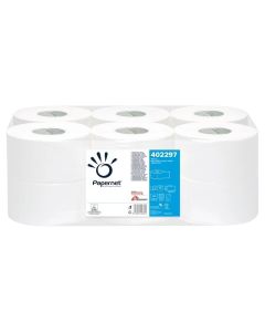 Тоалетна хартия Papernet Mini Jumbo, двупластова, целулозна, 450 g, 12 броя, 459 къса, 140 m