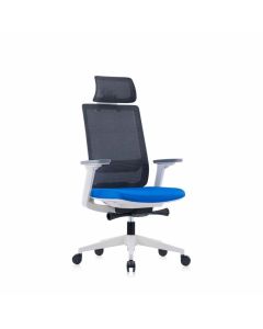 Ергономичен стол RFG Meteor X White HB, дамаска и меш, до 130 kg, сива седалка, синя облегалка