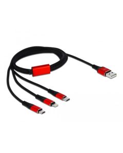 Кабел за зареждане Delock  3 в 1, USB - Lightning- Micro USB- USB-C, 1м, Черен-Червен