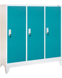 Гардероб RFG, метален, троен, с три врати, 120 х 40 х 120 cm, бял, с тюркоазени врати