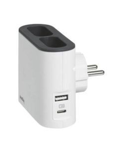 Адаптер за контакт 2x 2P еврощепсел 6A и 2 странични гнезда USB тип A+C 15W 3A, цвят Бял/сив - Legrand Standart 49401