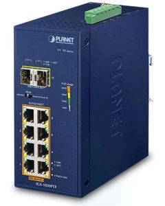 10-портов индустриален PoE суич, 8x1G 802.3at PoE + 2xSFP, IP30