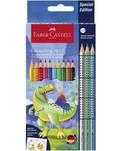 Faber-Castell Цветни моливи Grip 2001 - Динозавър, 10 стандартни, 3 металикови