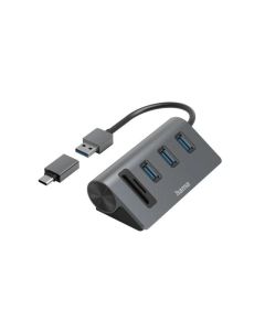 HAMA USB хъб-четец на карти, 5 портов, 3x USB-A, SD, microSD, вкл. USB-C адаптер