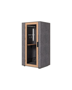 WORKBOOTH One Acoustic booth with Media hub integration spot, blind back wall, light grey felt, natural oak veneer