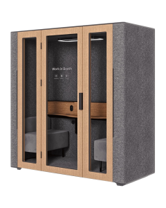 WorkBooth Two with Media hub integration spot, Blind back wall, Light grey felt, natural oak veneer, Jazz Graphite fabric for sofa