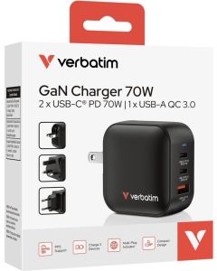 Verbatim Mini GaN Charger 70W 3 Port US plug with EU and UK adaptors