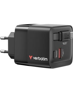 Verbatim Mini GaN Charger 65W 2 Port retractable cable display US plugs with EU and UK adaptors