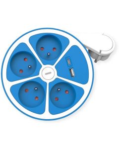 ROLINE 19.07.2342 :: Разклонител, 3 гнезда, 1x USB A, 1x USB-C, кръгъл, с ключ, син, 1.5 м