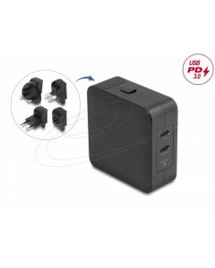 Delock Зарядно устройство GaN, 2 x USB-C, PD 65 W, адаптер за EU - US - UK
