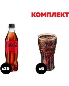 Coca-Cola Газирана напитка Zero, без захар, 500 ml, в пластмасова бутилка, 36 броя, в комплект с Чаша Coca-Cola, 6 броя