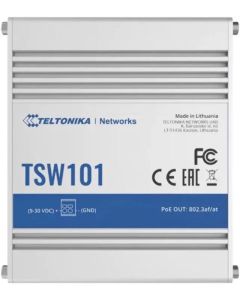 Teltonika TSW101, 5 x 10/100/1000, PoE+, DC, монтаж на DIN шина, монтаж на стена