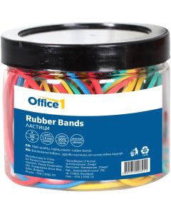 Office 1 Ластици, 90% каучук, диаметър 50 mm, цветни, 50 g в буркан