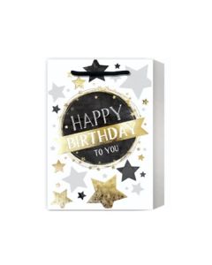 Подаръчна торбичка Happy Birthday, звезди, 31 х 42 х 12 cm, бяла