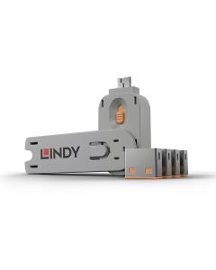 Система за заключване на USB портове Lindy, 1 ключ, 4 порт блокера, оранжеви