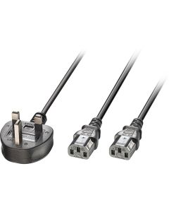 LINDY LNY-30371 :: Захранващ кабел, UK 3 Pin към 2x C13, 2.5 м