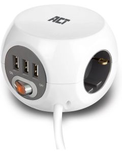 ACT разклонител куб с 3 гнезда, 3 x USB-A, бял, 1.5м, с ключ