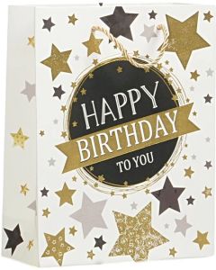 Подаръчна торбичка Happy Birthday, 18 х 23 х 8 cm, звезди бяла