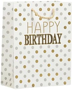 Подаръчна торбичка Happy Birthday, 18 х 23 х 8 cm, точки бяла