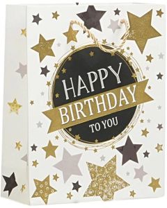 Подаръчна торбичка Happy Birthday, звезди, 26 х 32 х 10 cm бяла