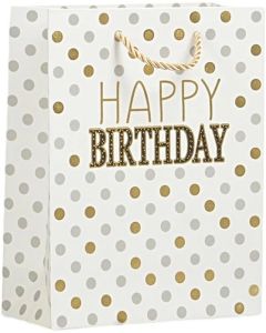 Подаръчна торбичка Happy Birthday, точки, 26 х 32 х 10 cm бяла