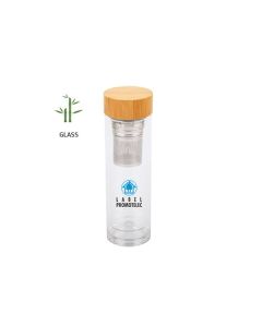Office 1 Бутилка Zen, двустенна, стъклена, с цедка и бамбуков капак, 450 ml