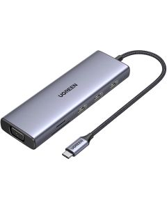 USB хъб Ugreen CM498 15600 USB-C - 3x USB-A 3.0 - HDMI - VGA - RJ45 - SD - TF Card Reader - USB-C PD - сив