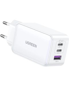 Зарядно устройство Ugreen 15339 Nexode Мрежов адаптер, 2xUSB-C, USB-A 3.0, PD3.0, QC4.0, GaN, 65W - бяло