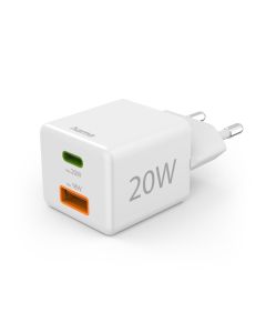Бързо мини зарядно HAMA, 1x USB-C, 1x USB-A, PD, 20 W, бял