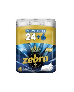 Тоалетна хартия Zebra White, четирипластова, 130 къса, 24+6 броя